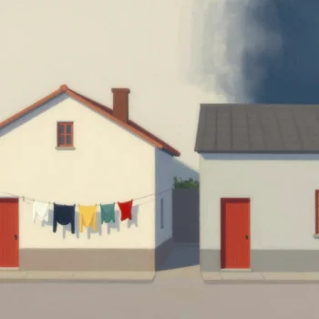 Two identical cottages side by side, one in midday sun and one at night