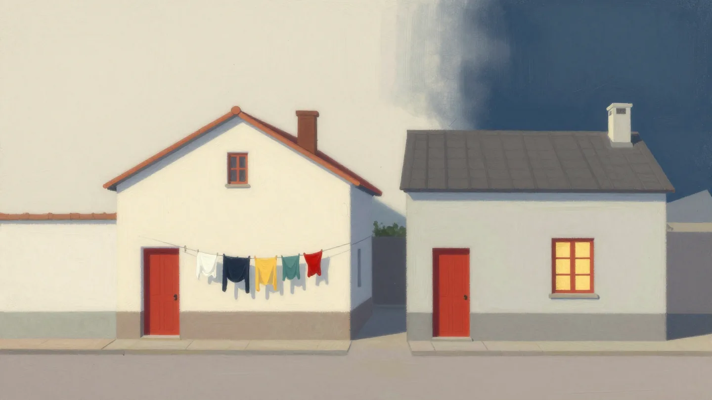 Two identical cottages side by side, one in midday sun and one at night