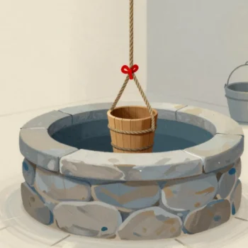 Gouache painting: a deep stone well with one wooden bucket lowered on its rope, the rope tied off with a vermilion knot, while two empty buckets wait in a line on the well rim behind it