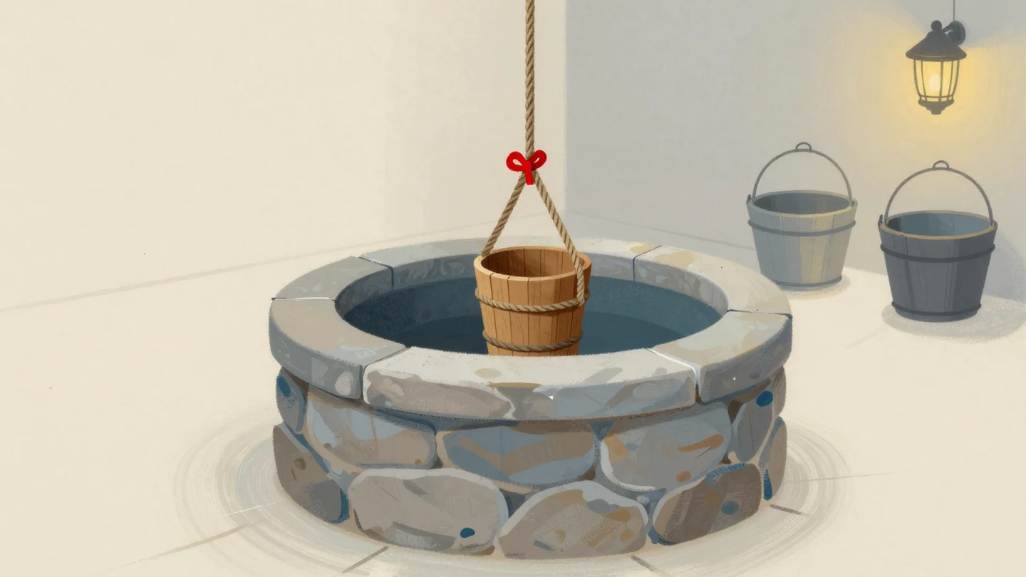 Gouache painting: a deep stone well with one wooden bucket lowered on its rope, the rope tied off with a vermilion knot, while two empty buckets wait in a line on the well rim behind it