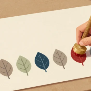 A child's hand printing the same red leaf shape in a row on brown paper with one carved potato stamp.
