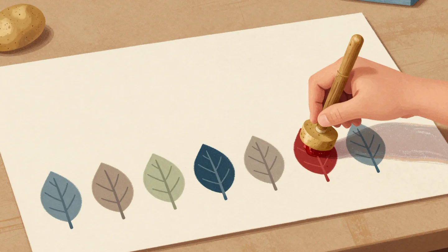 A child's hand printing the same red leaf shape in a row on brown paper with one carved potato stamp.
