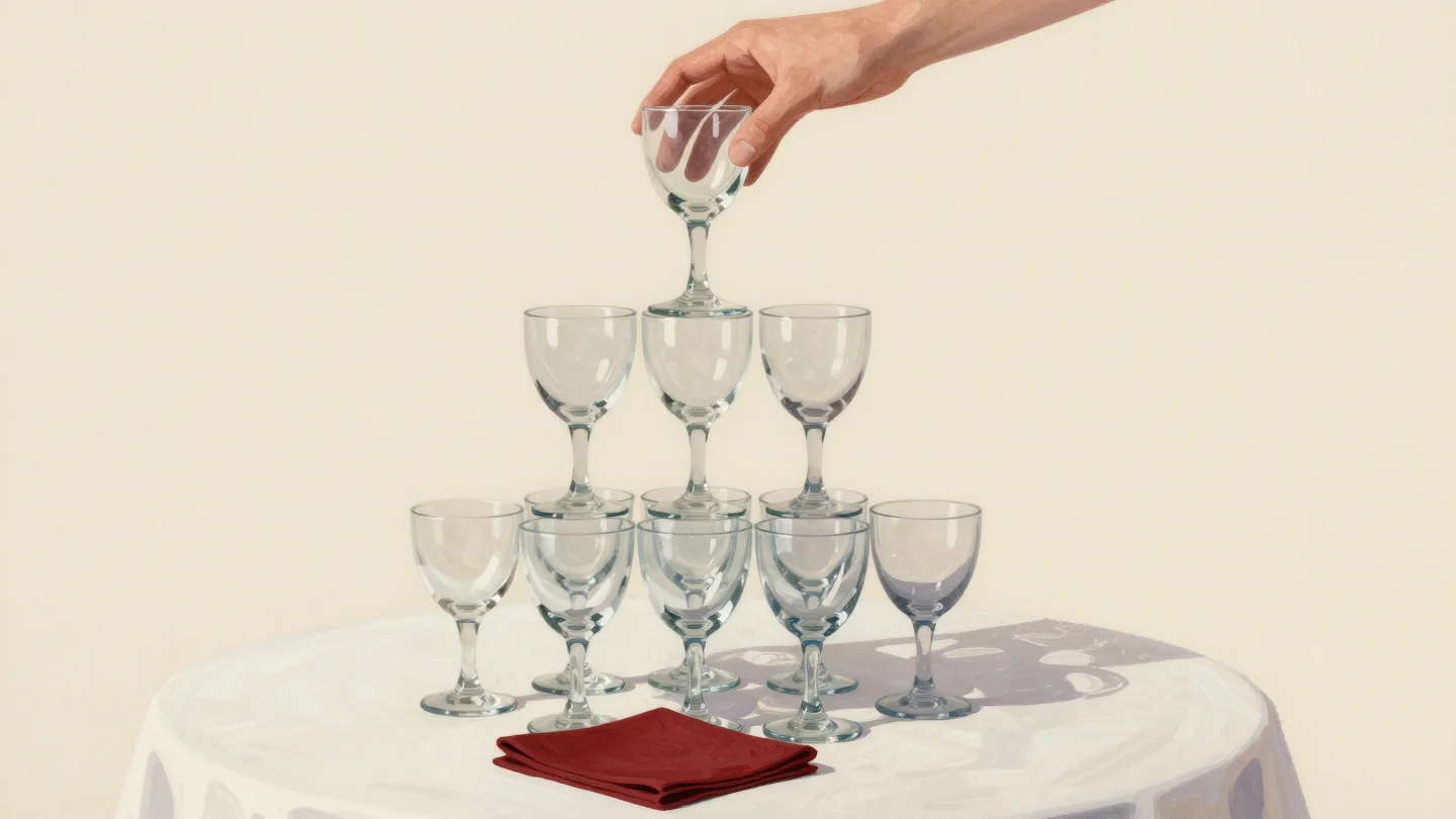 A hand lifts the top glass from a pyramid of stacked glasses, a red napkin at its base.