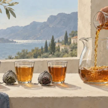 Brewed tea being poured into a pitcher beside three infuser capsules