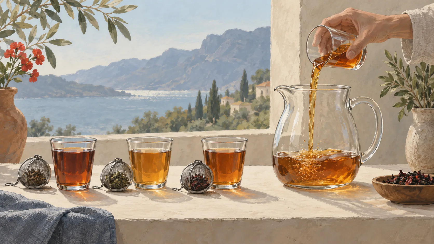 Brewed tea being poured into a pitcher beside three infuser capsules