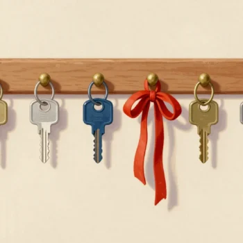 A wall key rack with five keys, two empty hooks and one hook tied with a red ribbon