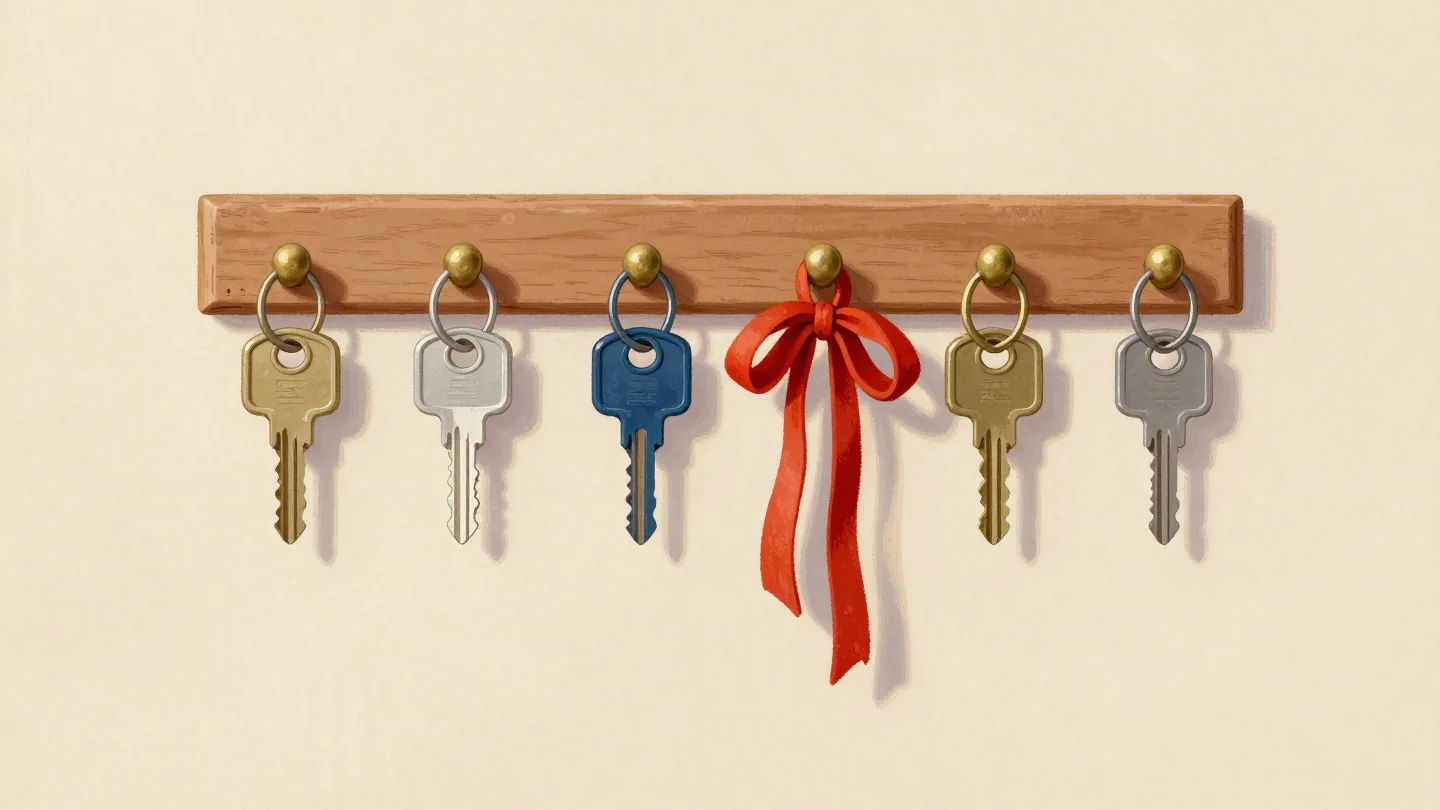 A wall key rack with five keys, two empty hooks and one hook tied with a red ribbon