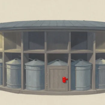 Gouache painting: a round wooden storehouse lined with a ring of grain bins, every bin empty and swept ready to refill except one whose small door is held shut by a vermilion latch