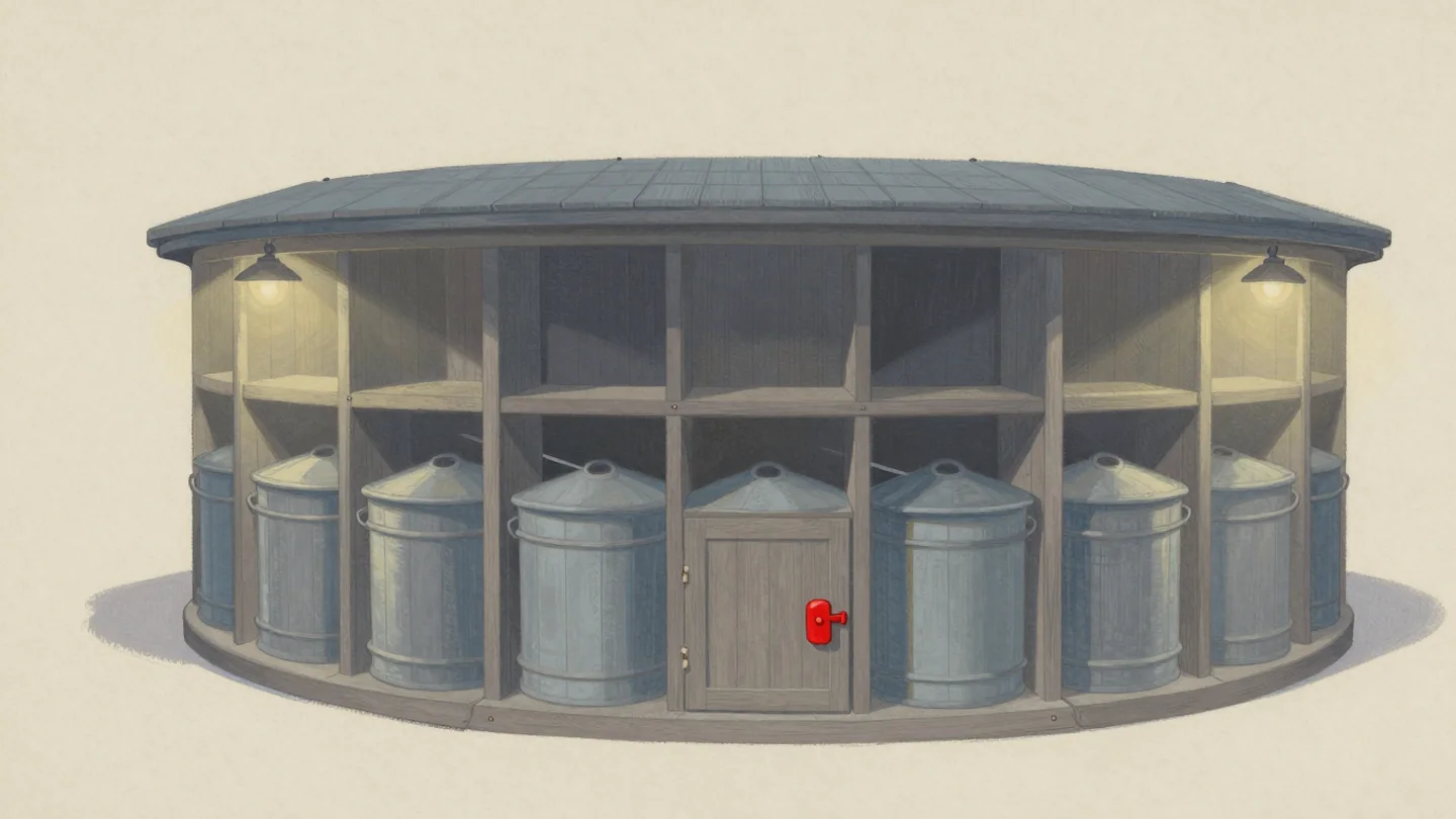 Gouache painting: a round wooden storehouse lined with a ring of grain bins, every bin empty and swept ready to refill except one whose small door is held shut by a vermilion latch