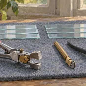 A combined glass-cutting tool beside separate scoring and breaking tools