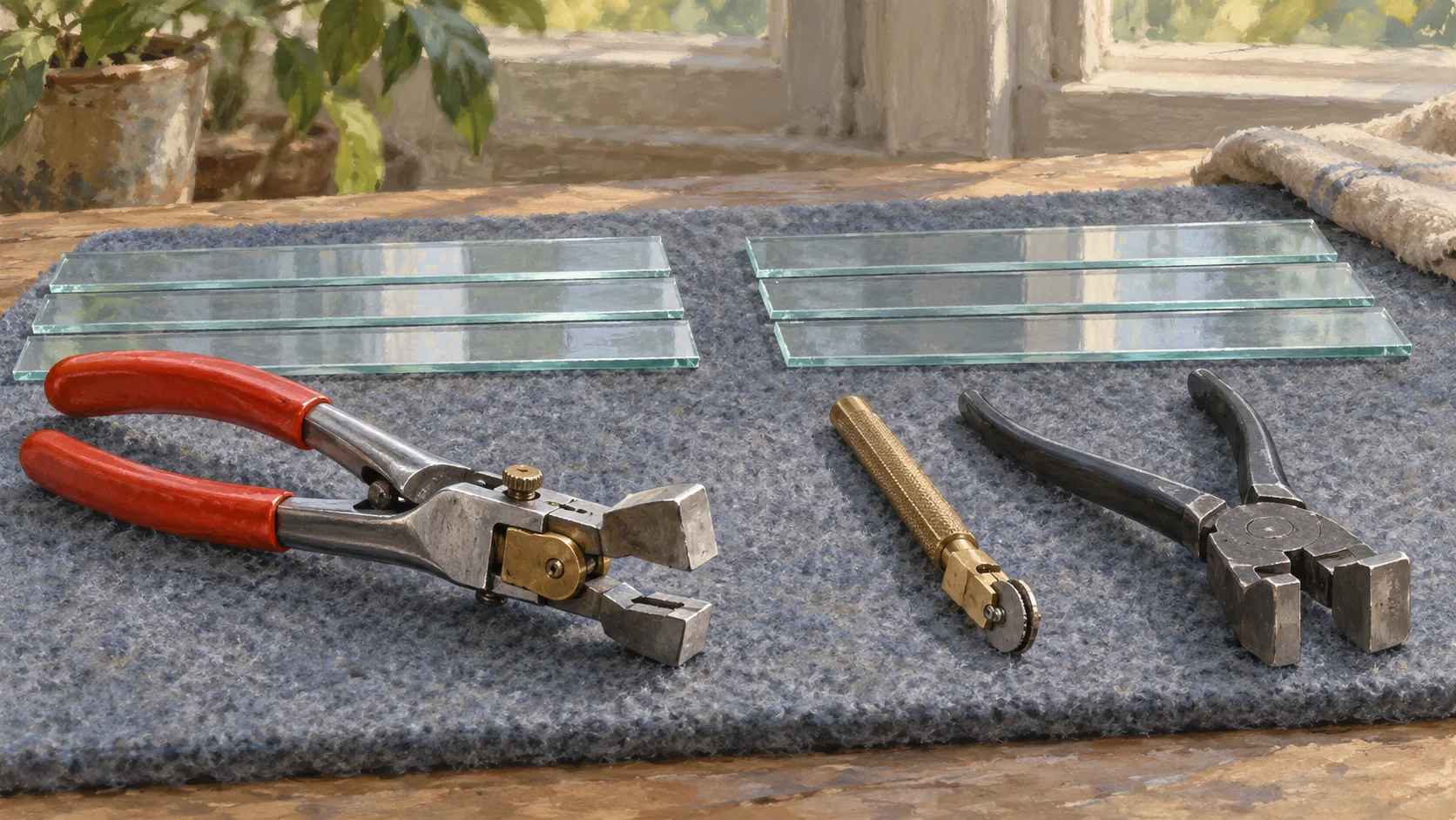 A combined glass-cutting tool beside separate scoring and breaking tools