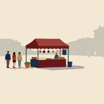 Shoppers walking toward a red-awninged market stall in its new spot