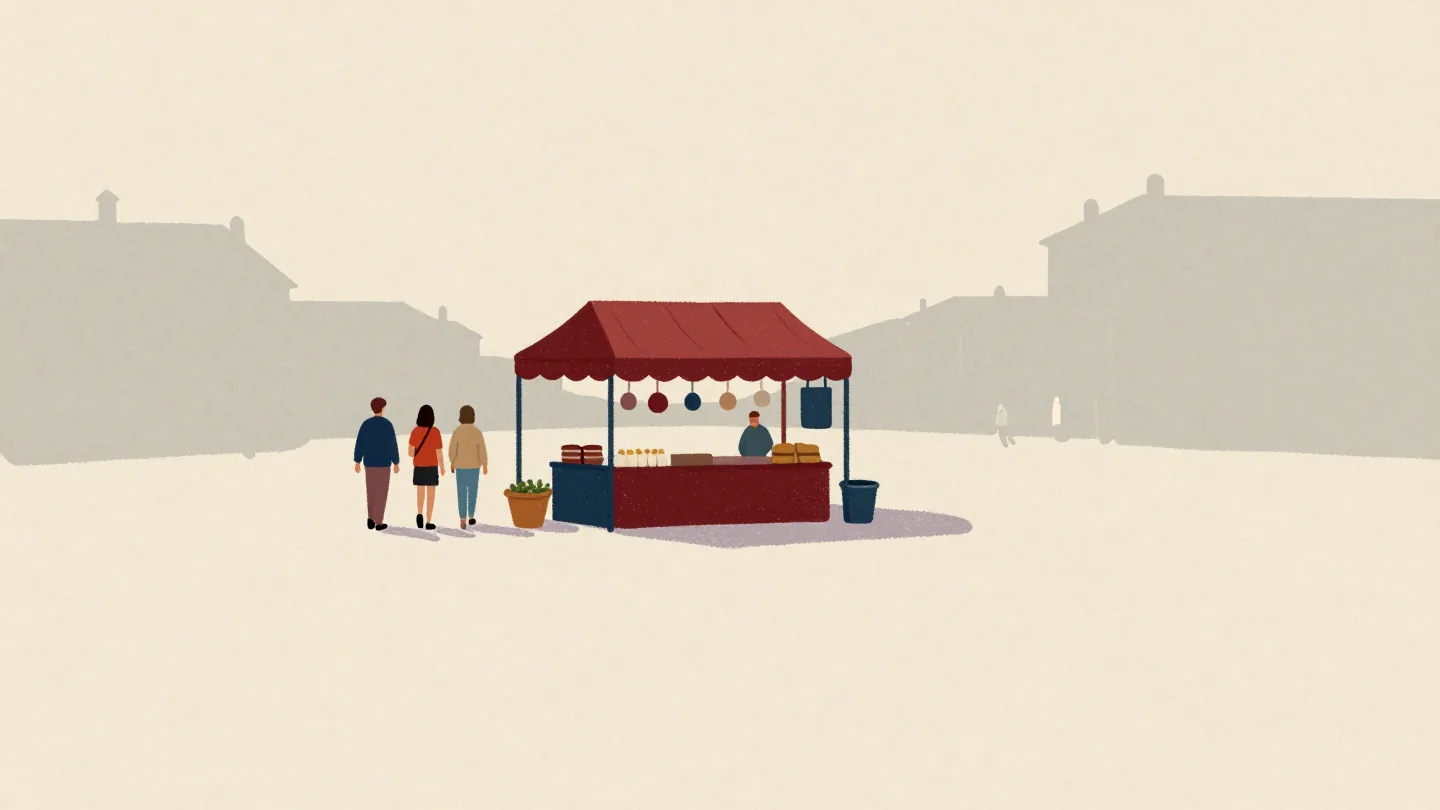 Shoppers walking toward a red-awninged market stall in its new spot
