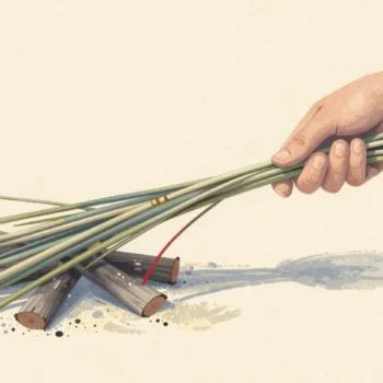 A hand holding a bunch of grass stems by a campfire, one short stem with a red tip just drawn out