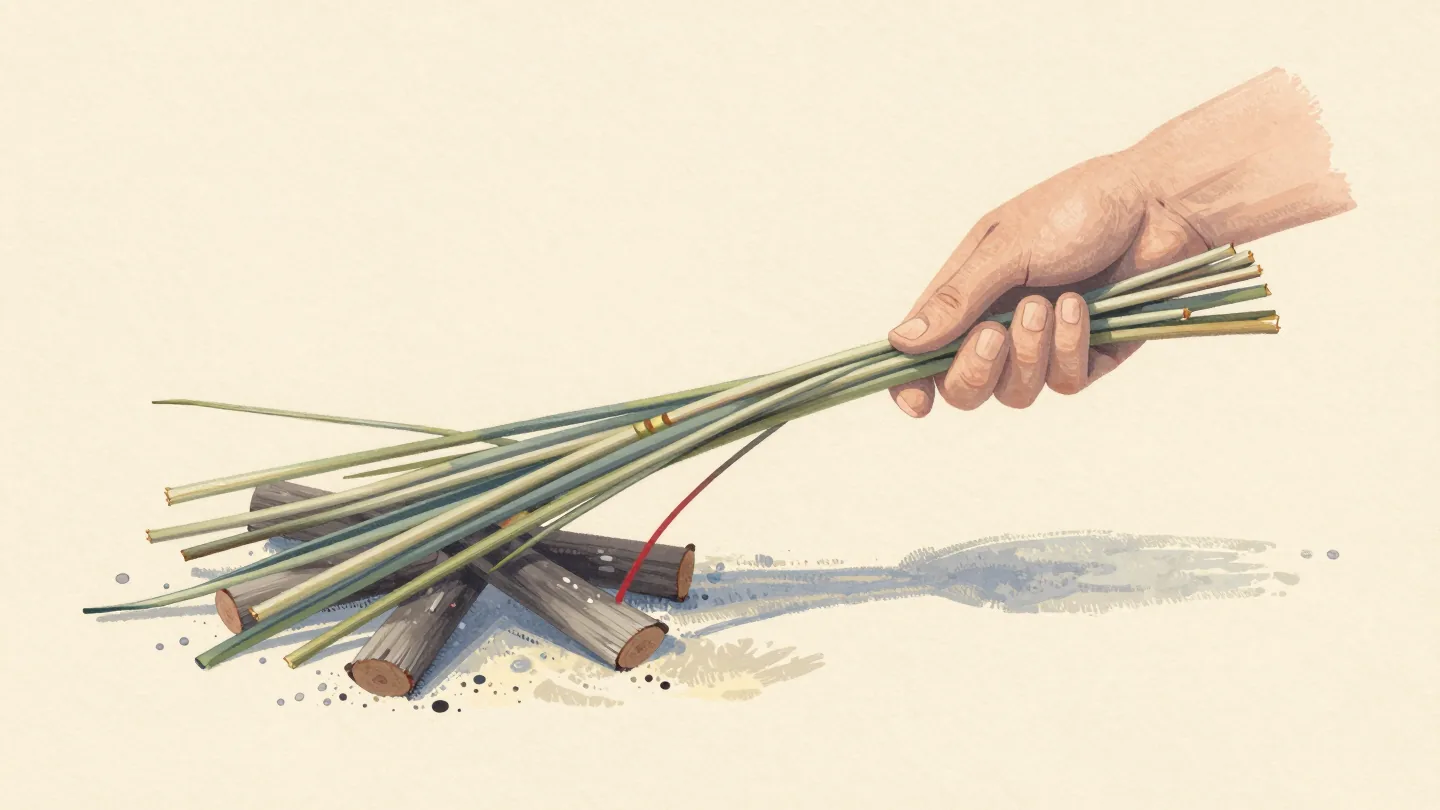 A hand holding a bunch of grass stems by a campfire, one short stem with a red tip just drawn out