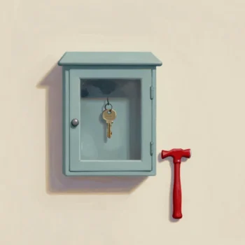 A glass-fronted emergency box with a spare key inside and a small red hammer on a chain.