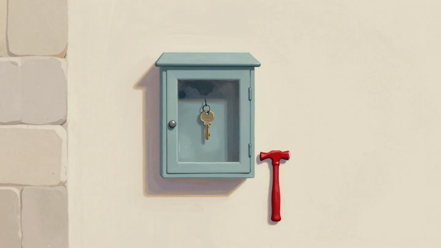 A glass-fronted emergency box with a spare key inside and a small red hammer on a chain.