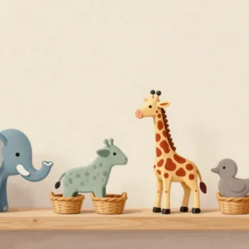A row of wooden toy animals with the repeats set aside in a basket below.