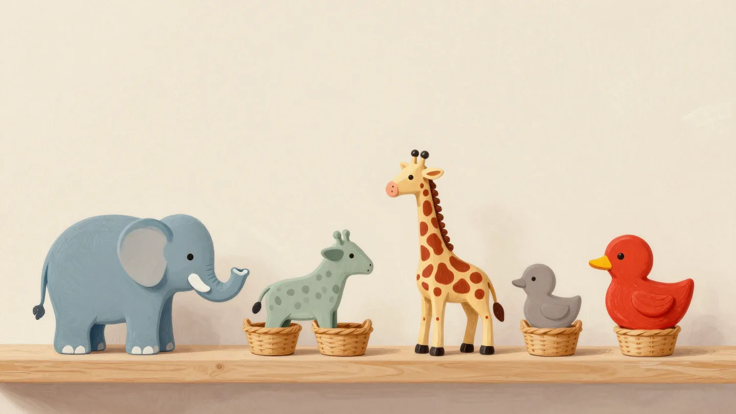 A row of wooden toy animals with the repeats set aside in a basket below.