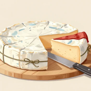 A wheel of cheese cut into wrapped wedges on a wooden board, a long knife across it, one wedge bigger.