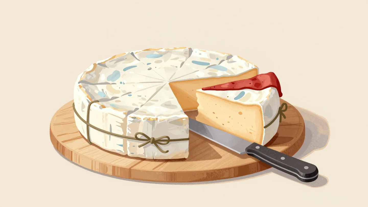 A wheel of cheese cut into wrapped wedges on a wooden board, a long knife across it, one wedge bigger.