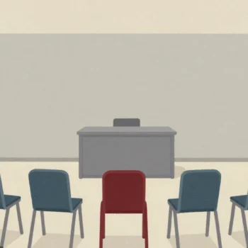 Gouache painting: a small meeting room with a front row of five chairs facing an empty lectern, one chair vermilion