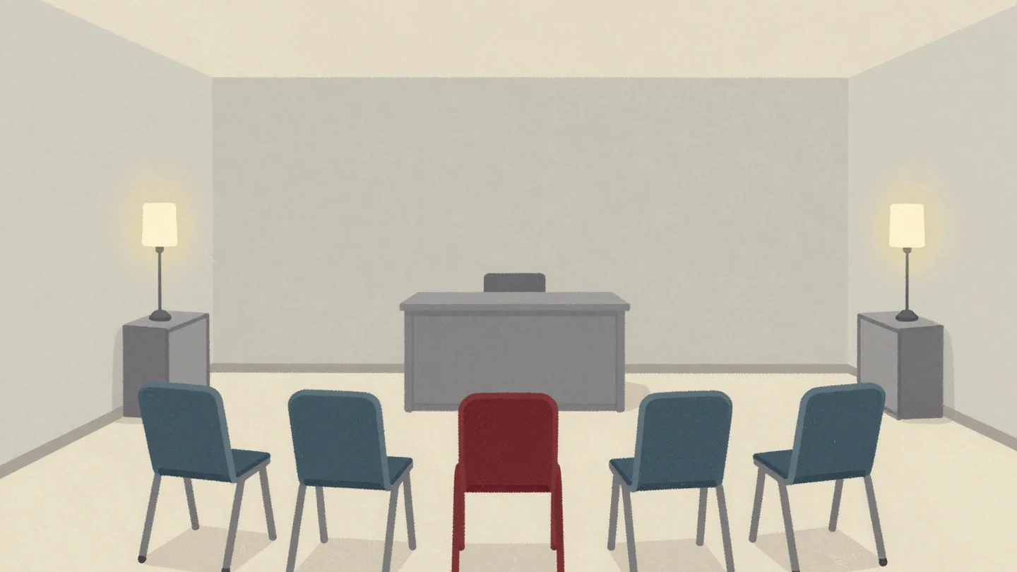 Gouache painting: a small meeting room with a front row of five chairs facing an empty lectern, one chair vermilion