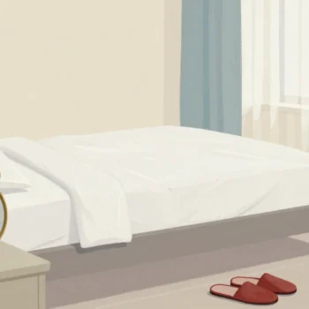 A ringing brass alarm clock on a bedside table beside a neatly made, empty bed and untouched slippers.