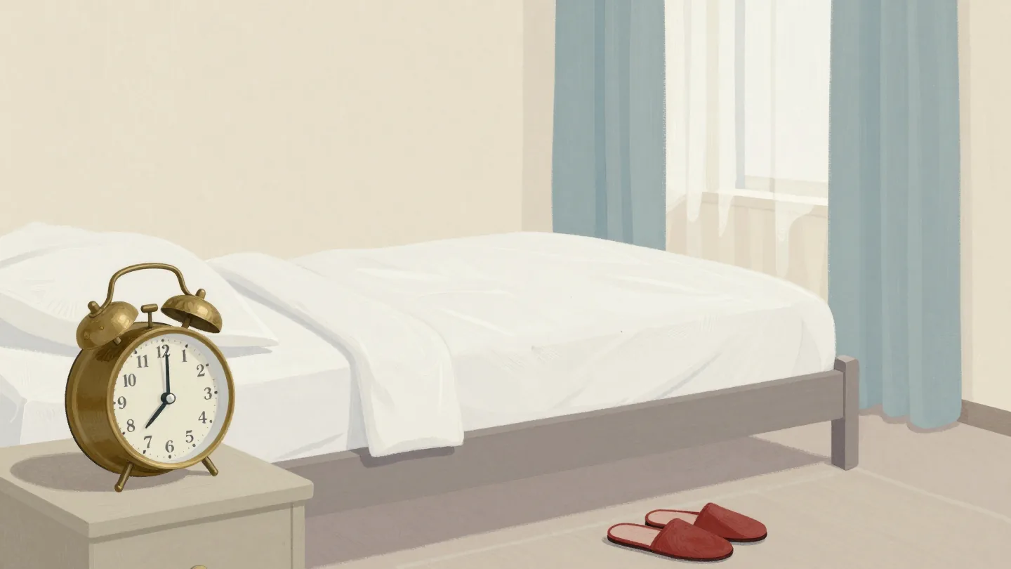 A ringing brass alarm clock on a bedside table beside a neatly made, empty bed and untouched slippers.