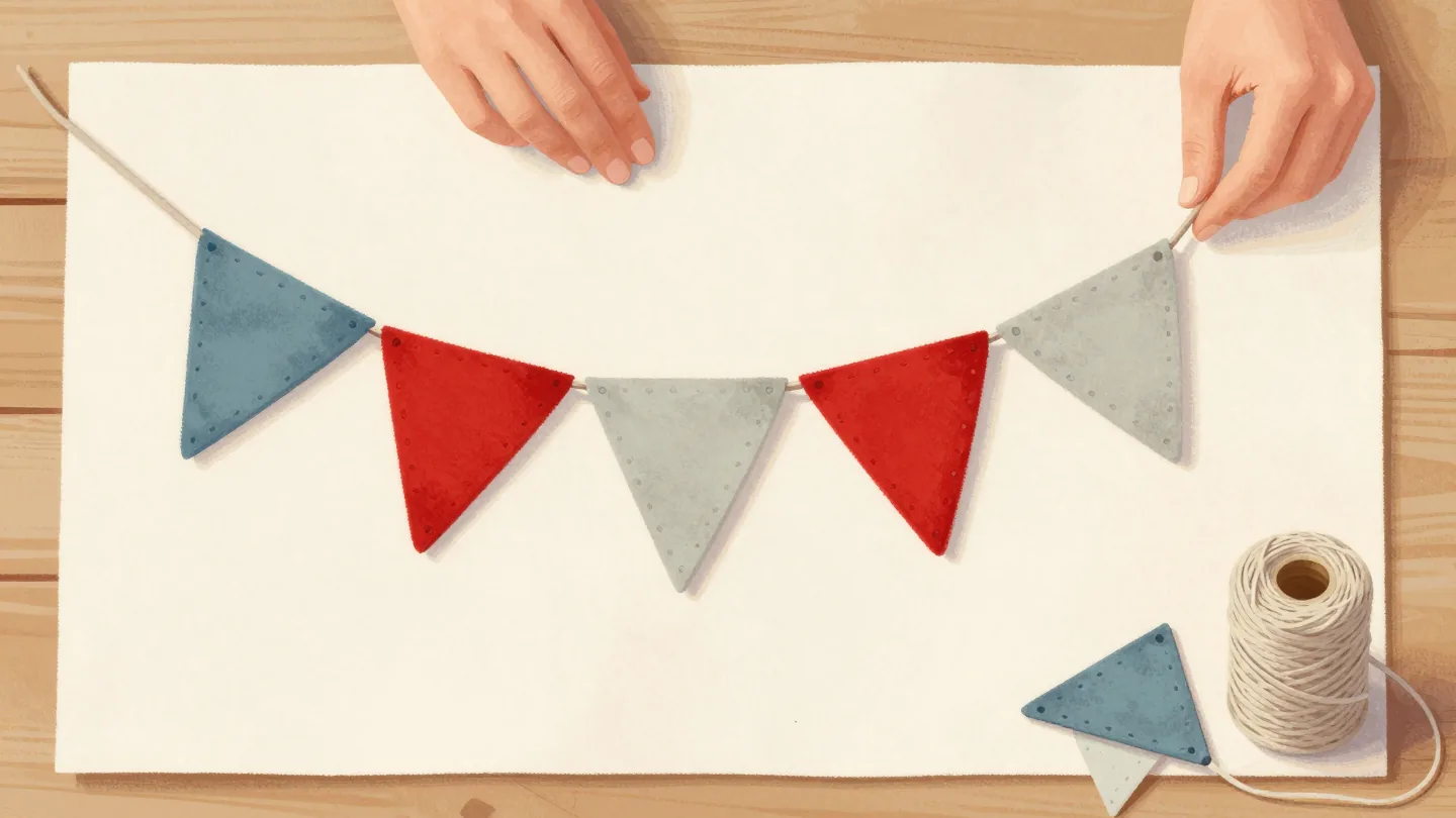 Hands sewing cloth bunting whose cord has run out, two red flags side by side.