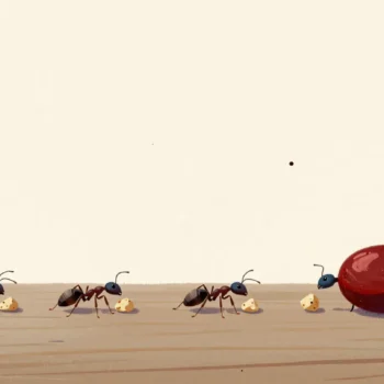 Four ants carrying crumbs, the last one far behind under a huge red crumb