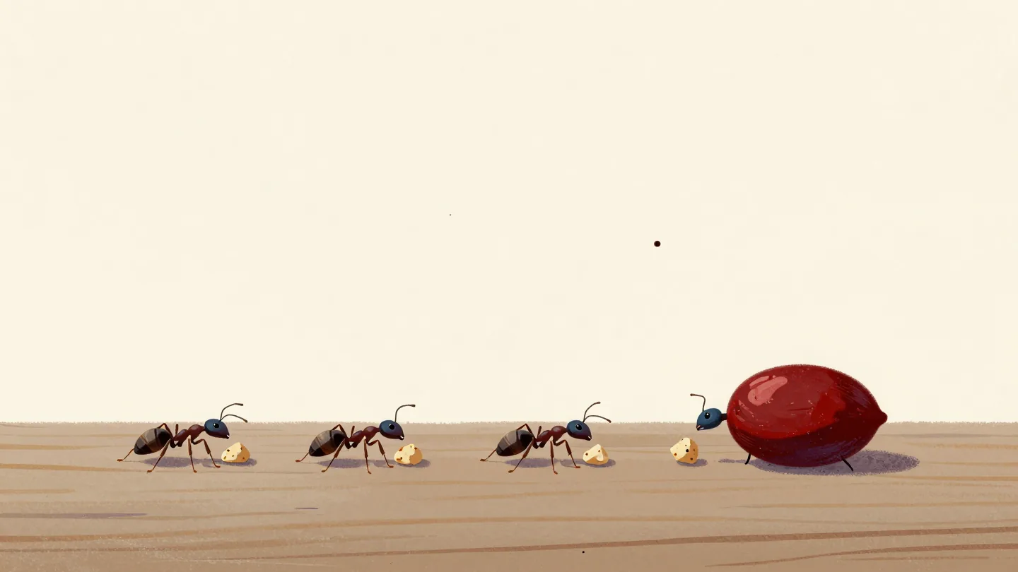 Four ants carrying crumbs, the last one far behind under a huge red crumb