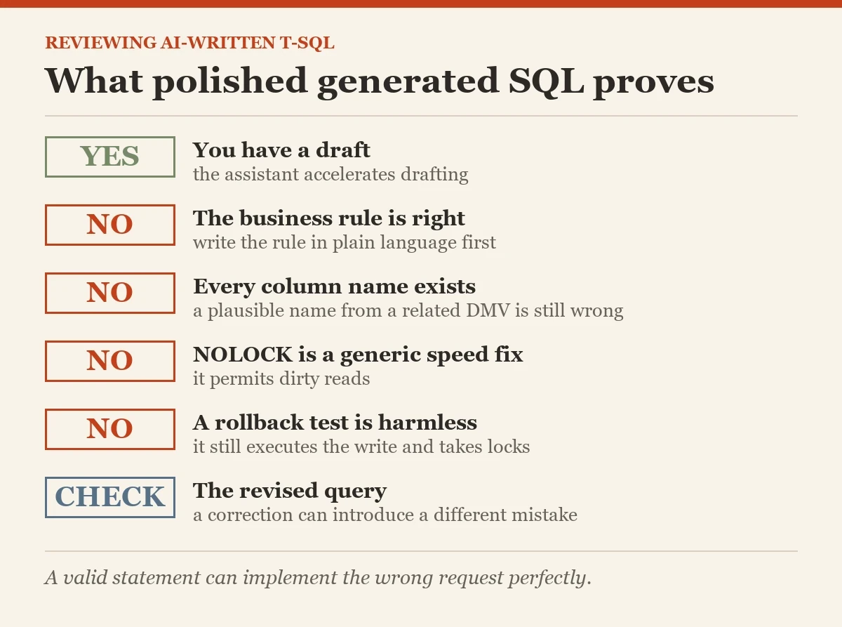 What polished generated SQL proves: a checklist on the AI assistant