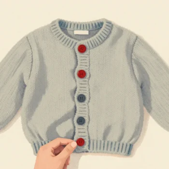 A knitted cardigan buttoned neatly, a hand at the hem showing every button is one hole off.