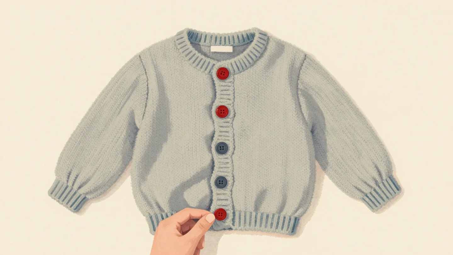 A knitted cardigan buttoned neatly, a hand at the hem showing every button is one hole off.
