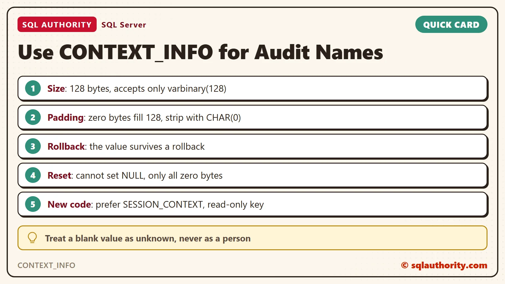 Card titled Use CONTEXT_INFO for Audit Names: Size: 128 bytes, accepts only varbinary(128); Padding: zero bytes fill 128, strip with CHAR(0); Rollback: the value survives a rollback; Reset: cannot set NULL, only all zero bytes; New code: prefer SESSION_CONTEXT, read-only key. Tip: Treat a blank value as unknown, never as a person.