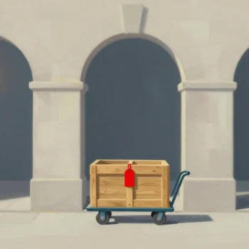 Gouache painting: a wooden crate riding on a long luggage trolley through three open stone archways in a row, a small vermilion luggage tag tied to the crate's rope handle