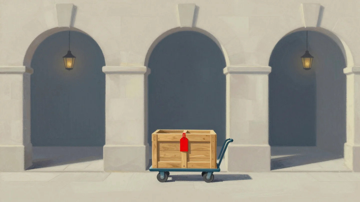 Gouache painting: a wooden crate riding on a long luggage trolley through three open stone archways in a row, a small vermilion luggage tag tied to the crate's rope handle