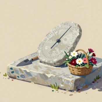 A stone sundial in a walled garden at midday with a crisp shadow, a trowel and a basket of cut flowers on its plinth.