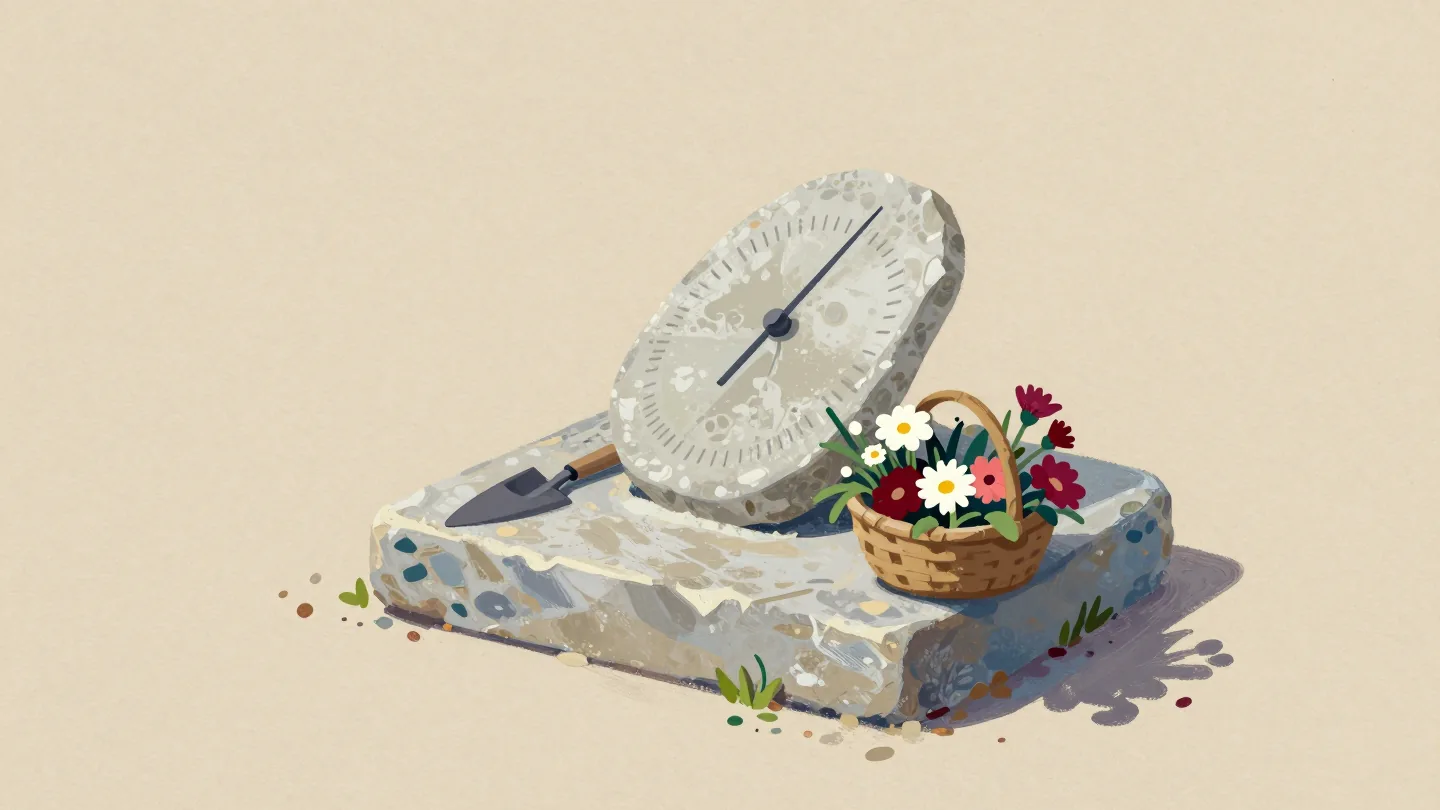 A stone sundial in a walled garden at midday with a crisp shadow, a trowel and a basket of cut flowers on its plinth.