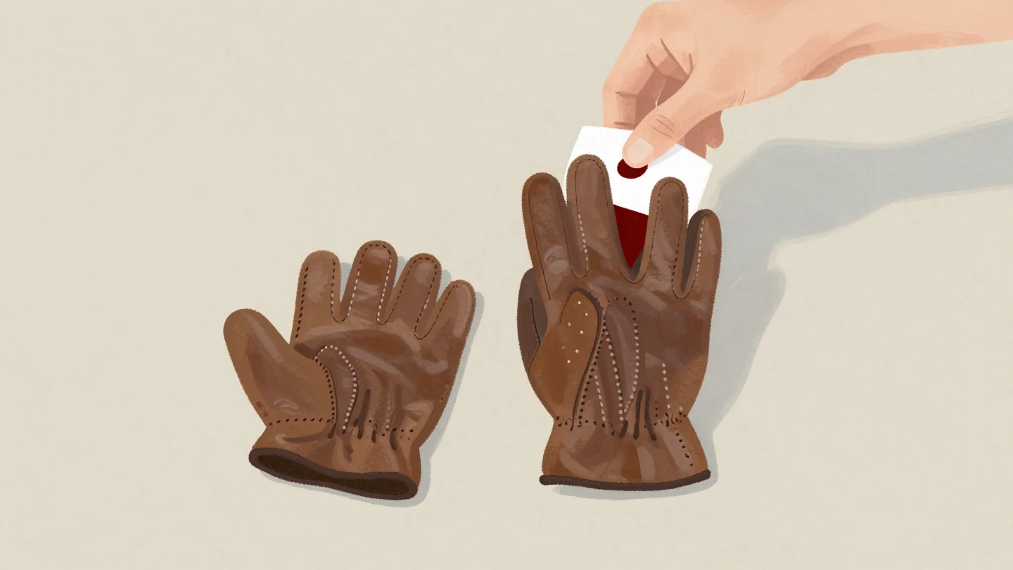 Two nearly identical brown leather gloves on a hall table, both for the left hand, a hand hovering above them.