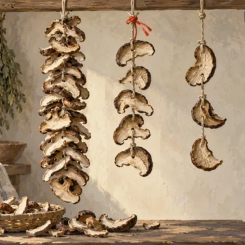 Three mushroom drying strings holding many recent and fewer selected older slices