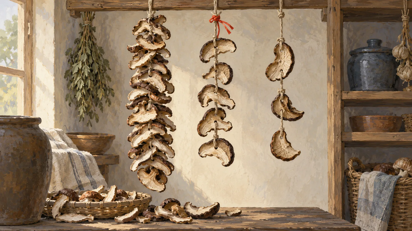 Three mushroom drying strings holding many recent and fewer selected older slices