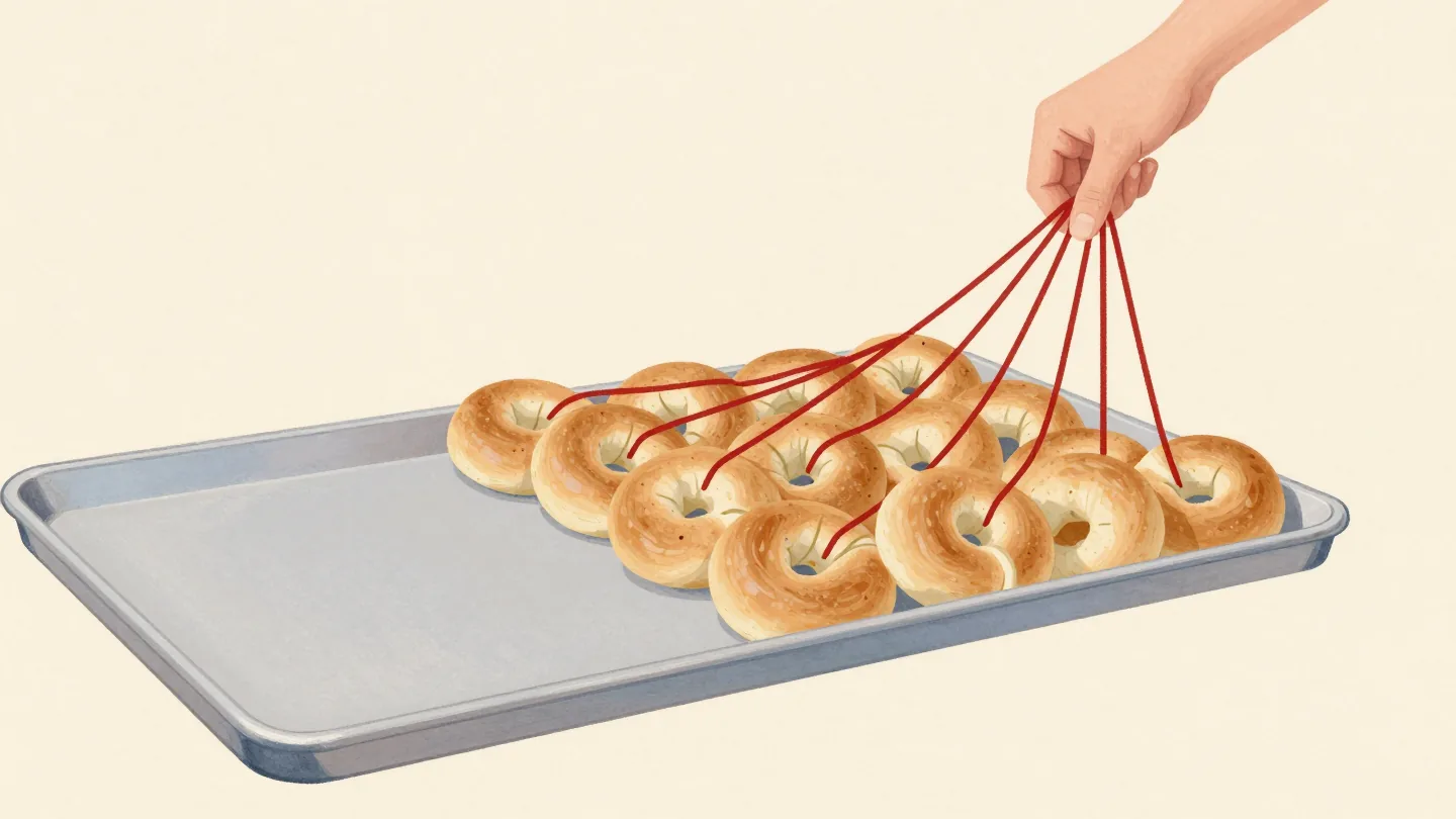 A hand threading loose bagels from a tray onto one long red string at a bakery stall