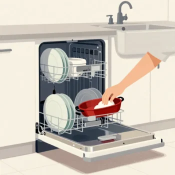 An open dishwasher of clean plates while a hand scrubs a red roasting pan