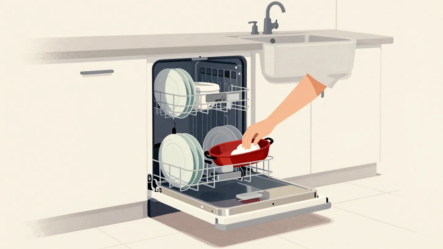 An open dishwasher of clean plates while a hand scrubs a red roasting pan