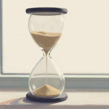 A tall hourglass on a windowsill, the upper bulb full of sand and a thin stream falling through the narrow neck.