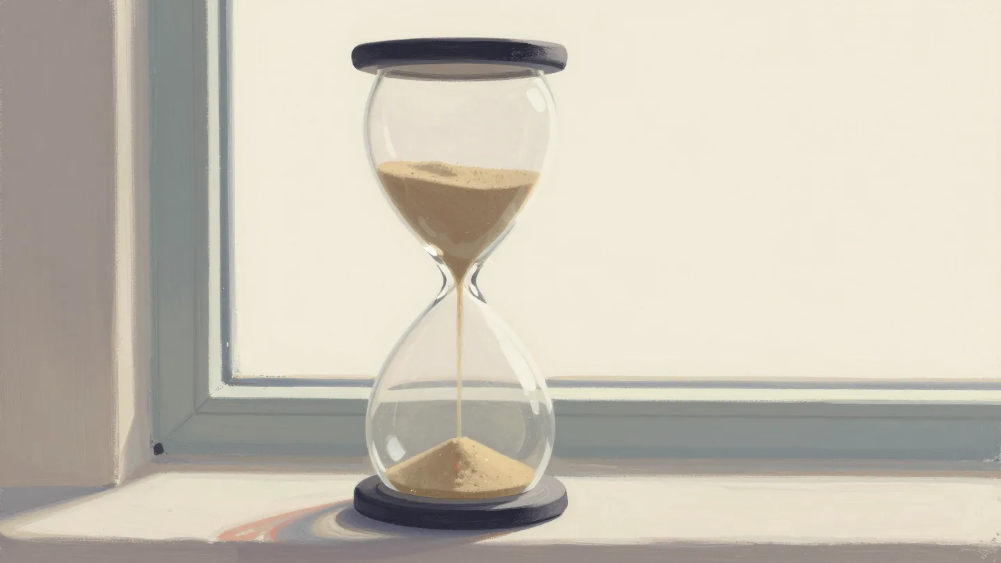 A tall hourglass on a windowsill, the upper bulb full of sand and a thin stream falling through the narrow neck.