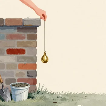 A brass plumb bob on a string beside a leaning brick wall, with a trowel and mortar bucket waiting on the grass