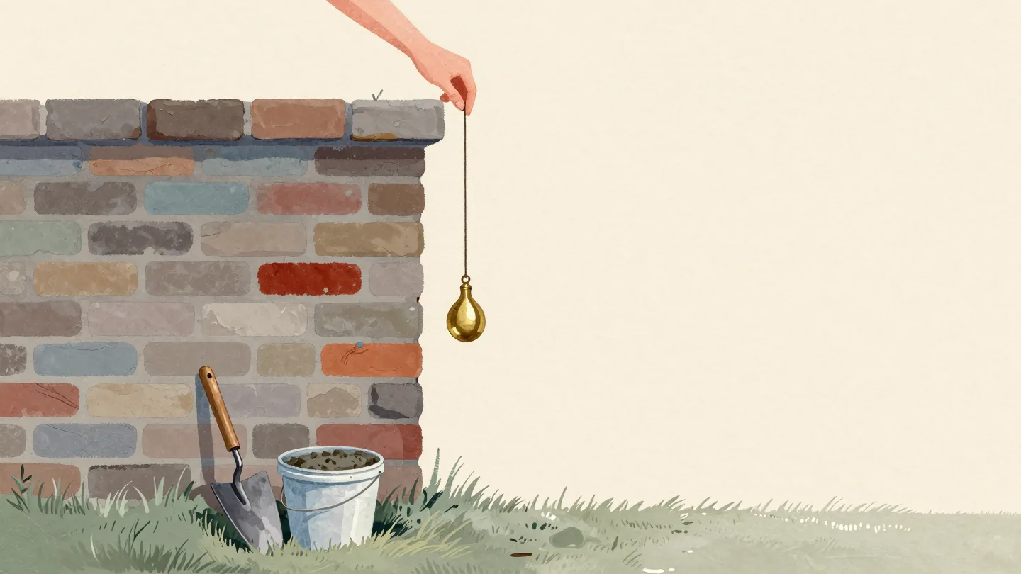 A brass plumb bob on a string beside a leaning brick wall, with a trowel and mortar bucket waiting on the grass